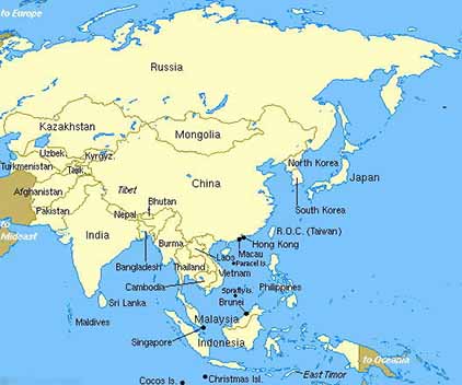 Asia Map, location of Malaysia
